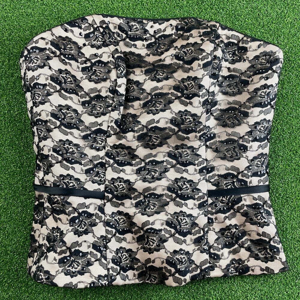 Vintage 90s Y2K Donna Gray Black Lace Peplum Bustier Strapless Top Sz 4